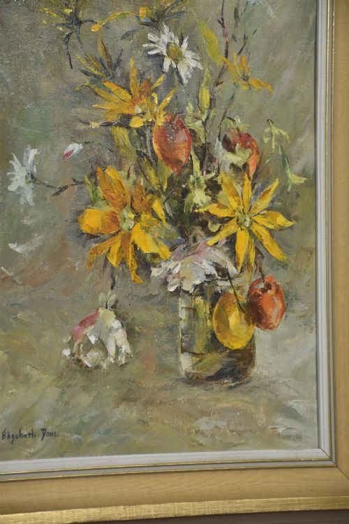 OIL ON CANVAS STILL LIFE WITH YELLOW FLOWERS AND FRUIT - ADDITIONAL PHOTO 5