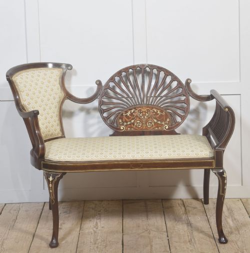 MAHOGANY SETTEE WITH FAN BACK AND FLORAL MARQUETRY - ADDITIONAL PHOTO 2