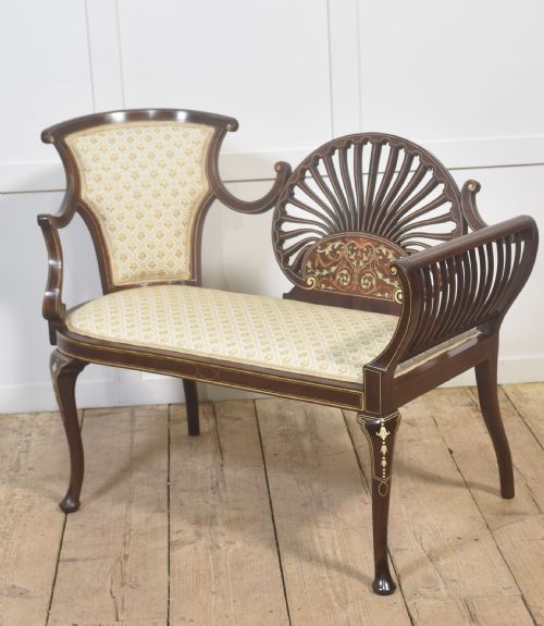 MAHOGANY SETTEE WITH FAN BACK AND FLORAL MARQUETRY - ADDITIONAL PHOTO 6