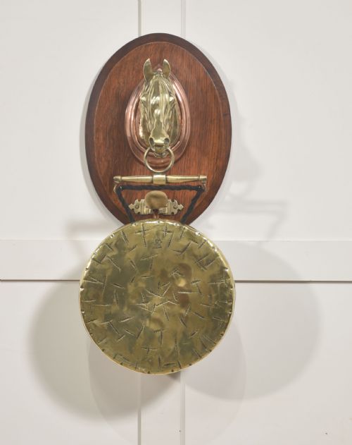 WALLHANGING OAK DINNER GONG WITH BRASS HORSE HEAD MOUNT