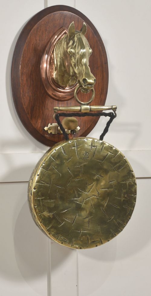 WALLHANGING OAK DINNER GONG WITH BRASS HORSE HEAD MOUNT - ADDITIONAL PHOTO 1