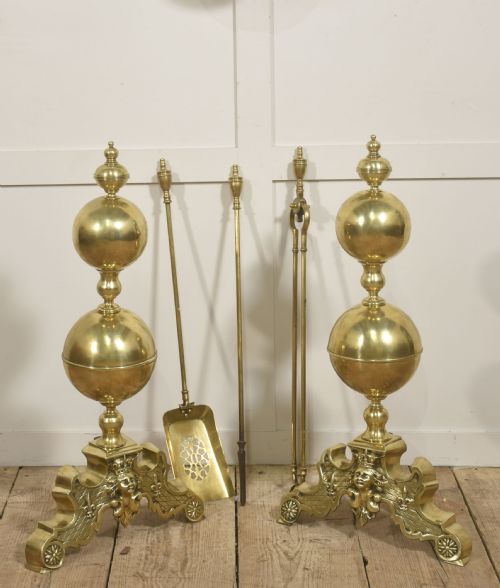 PAIR OF MONUMENTAL GILT BRASS ANDIRONS - ADDITIONAL PHOTO 1