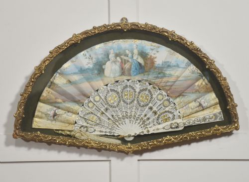 framed decorative folding fan with rococo pastoral scene - CATEGORY: ANTIQUE MISCELLANEOUS - DATED 19TH CENTURY