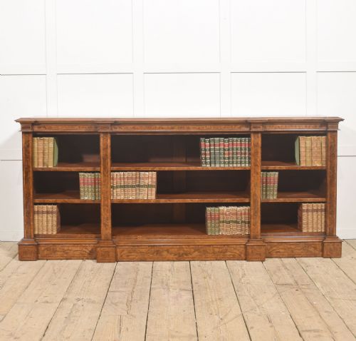 BURR WALNUT BREAKFRONT OPEN BOOKCASE