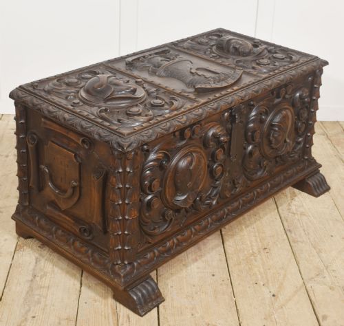 CARVED WALNUT COFFER WITH FIGURAL MEDALLIONS - ADDITIONAL PHOTO 4