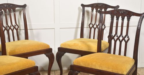 fig 1. Set of four dark mahogany dining chairs featuring carved pierced splats, yellow velvet upholstered seats, and cabriole front legs with ball and claw feet.