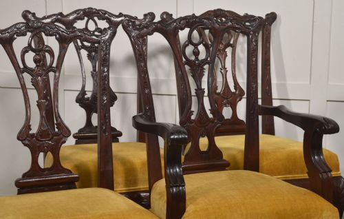 fig 2. A set of eight dark mahogany dining chairs featuring elaborate pierced back splats, cabriole legs with ball and claw feet, and mustard yellow velvet upholstered seats.