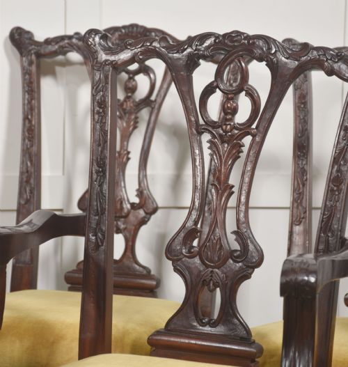 fig 4. A set of eight dark mahogany dining chairs featuring elaborate pierced back splats, cabriole legs with ball and claw feet, and mustard yellow velvet upholstered seats.