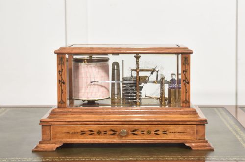 RARE HEZZANITH OAK CASED BAROGRAPH WITH ART NOUVEAU INLAY