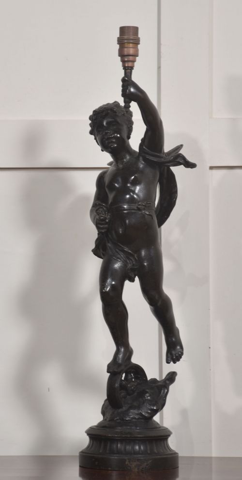 FINE 19TH CENTURY PATINATED BRONZE CHERUB TABLE LAMP
