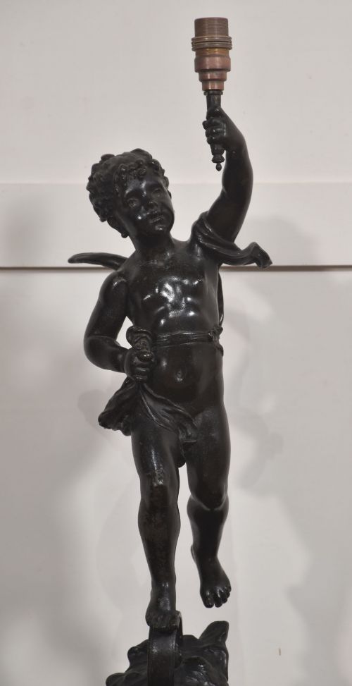 FINE 19TH CENTURY PATINATED BRONZE CHERUB TABLE LAMP - ADDITIONAL PHOTO 2