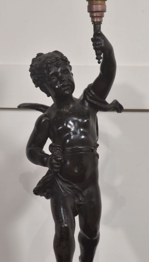 FINE 19TH CENTURY PATINATED BRONZE CHERUB TABLE LAMP - ADDITIONAL PHOTO 3