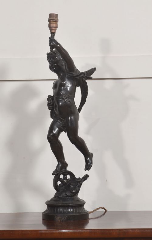 FINE 19TH CENTURY PATINATED BRONZE CHERUB TABLE LAMP - ADDITIONAL PHOTO 4