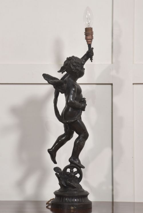 FINE 19TH CENTURY PATINATED BRONZE CHERUB TABLE LAMP - ADDITIONAL PHOTO 5
