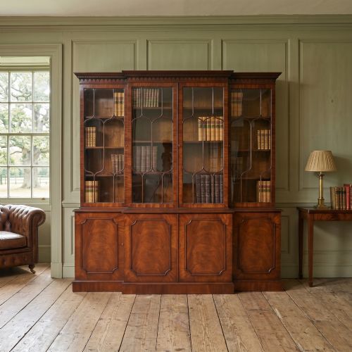 REGENCY REVIVAL FLAME MAHOGANY BREAKFRONT LIBRARY BOOKCASE - ADDITIONAL PHOTO 1