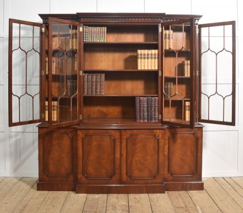 REGENCY REVIVAL FLAME MAHOGANY BREAKFRONT LIBRARY BOOKCASE - ADDITIONAL PHOTO 5