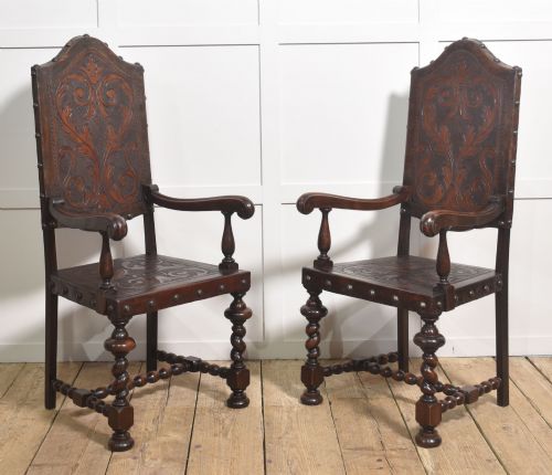 SET OF EIGHT PORTUGUESE EMBOSSED LEATHER AND WALNUT DINING CHAIRS - ADDITIONAL PHOTO 3