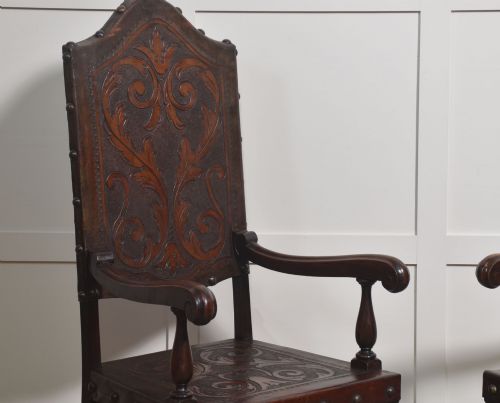 SET OF EIGHT PORTUGUESE EMBOSSED LEATHER AND WALNUT DINING CHAIRS - ADDITIONAL PHOTO 4