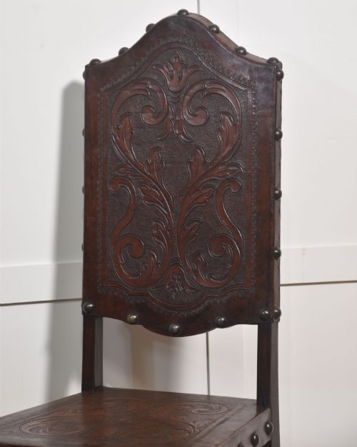 SET OF EIGHT PORTUGUESE EMBOSSED LEATHER AND WALNUT DINING CHAIRS - ADDITIONAL PHOTO 8