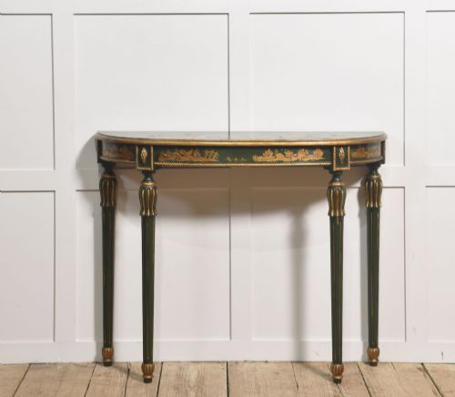 JAPANNED DEMILUNE CONSOLE TABLE WITH CHINOISERIE DECORATION