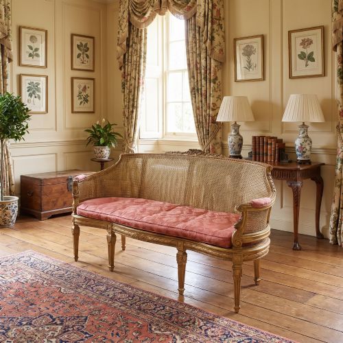 fig 1. A French Louis XVI style giltwood settee featuring a woven cane backrest, carved fluted legs, and a rose-pink damask upholstered seat cushion.