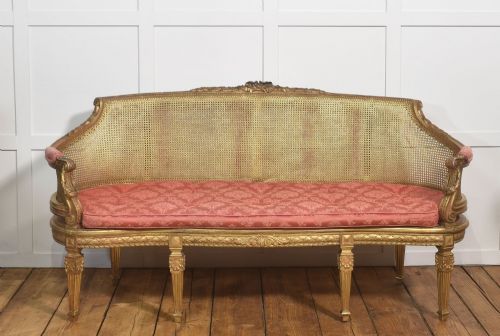 French Louis Xvi Style Giltwood and Cane Settee