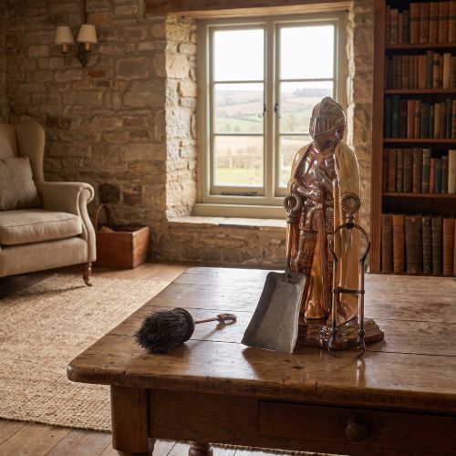 fig 1. A metallic knight in full armour fireside companion stand holding a shovel and tongs, with a matching brush resting beside it.