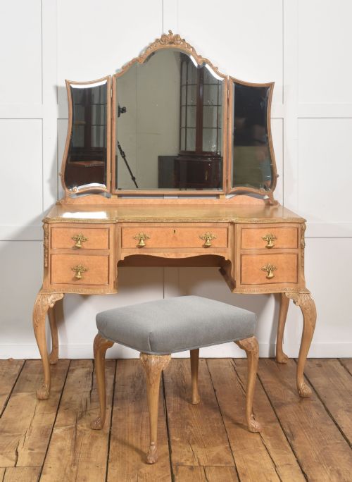 Walnut Dressing Table with Triple Mirror and Stool