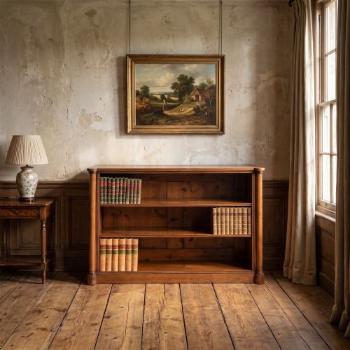 fig 1. A late nineteenth-century warm brown oak open bookcase featuring three horizontal shelves flanked by fluted side pilasters on a plinth base.