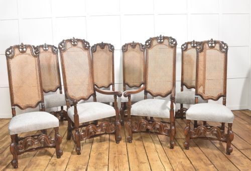 Set of Eight Walnut High-back Cane Dining Chairs