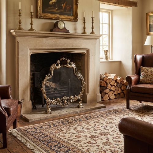 fig 1. An ornate brass Rococo Revival fire screen featuring a central wire mesh panel, dragon-shaped top handles, and detailed claw feet.