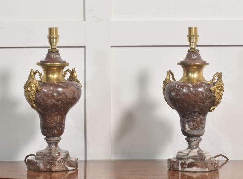 Pair of French Rouge Marble and Gilt Brass Table Lamps