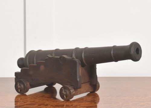 19th Century Cast Iron Signal Cannon on Oak Carriage