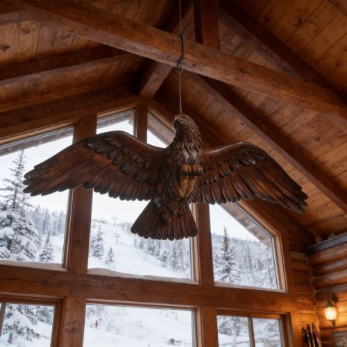 fig 1. A dark wood eagle sculpture hand-carved in mid-flight with outstretched wings and carved feather detailing.