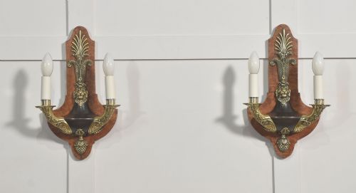 Pair of Empire Style Burr Walnut and Brass Twin-branch Wall Lights