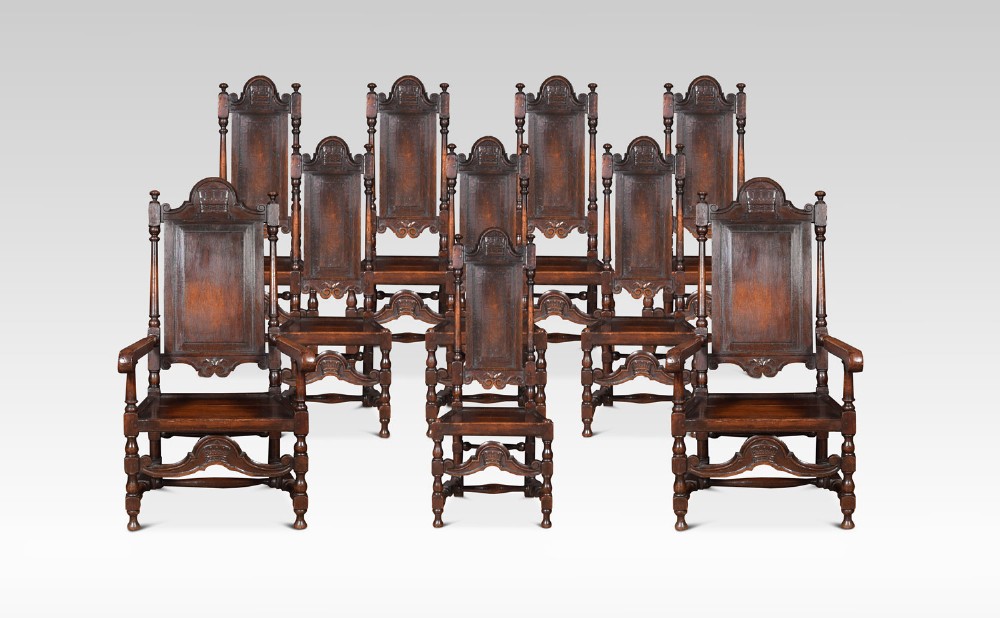 Set of ten William and Mary style high back dining chairs