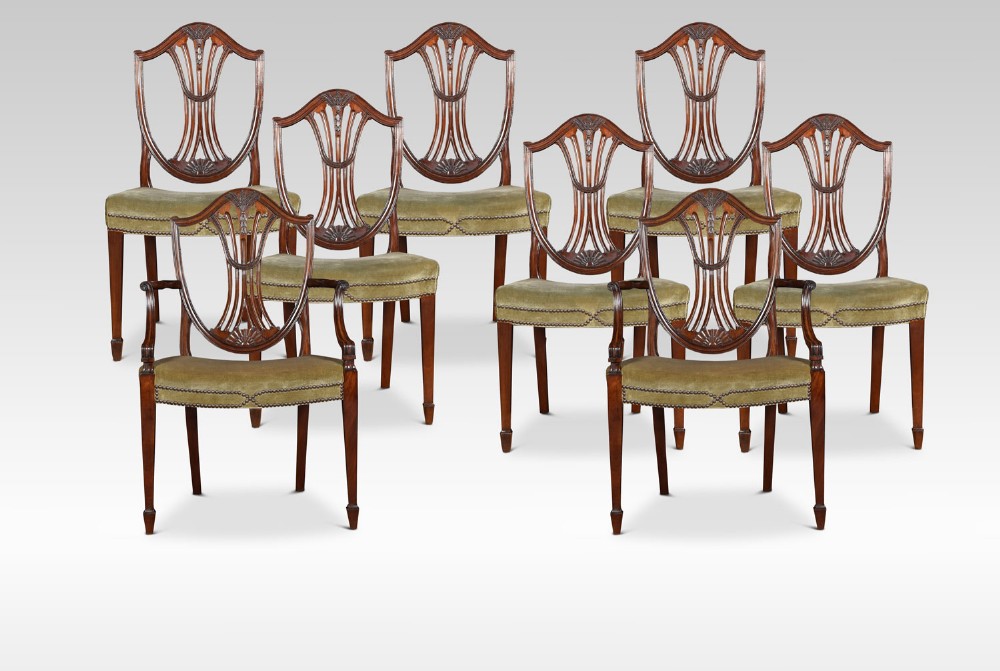 Set of eight mahogany shield back dining chairs