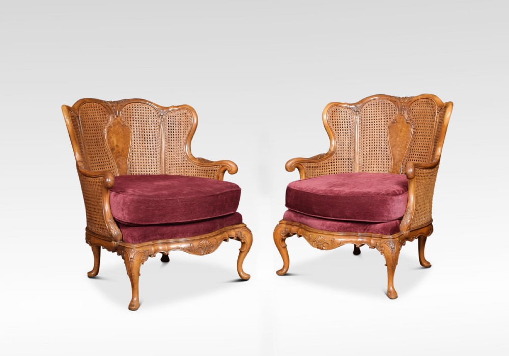 Pair of Rococo design walnut bergere Armchairs