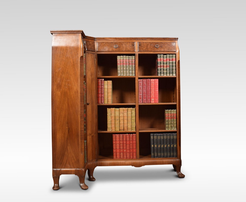 Figured walnut corner open bookcase