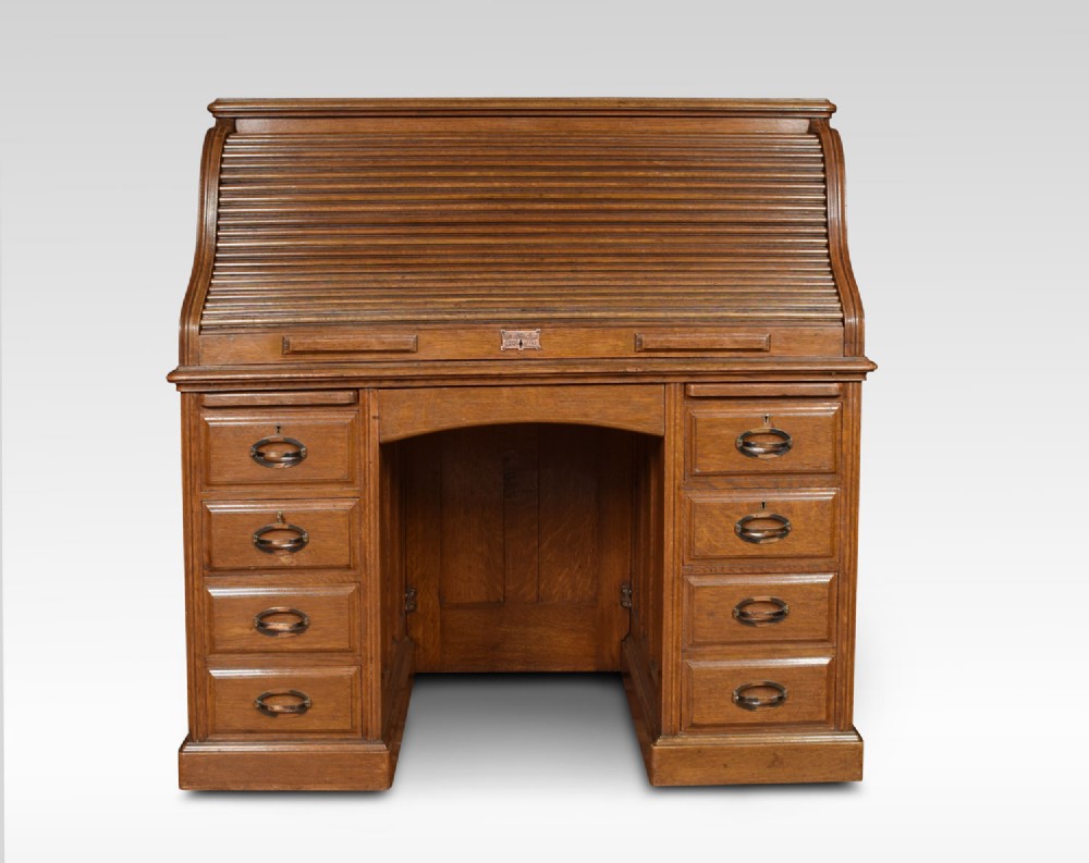 Oak pedestal roll top desk