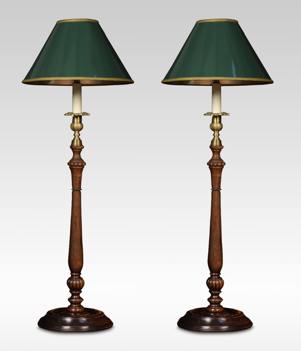Pair of turned mahogany table lamps