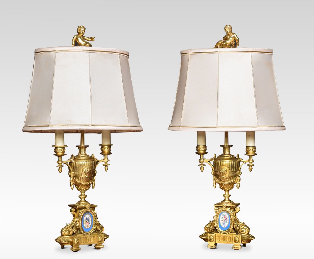 Pair of gilded metal and porcelain table lamps