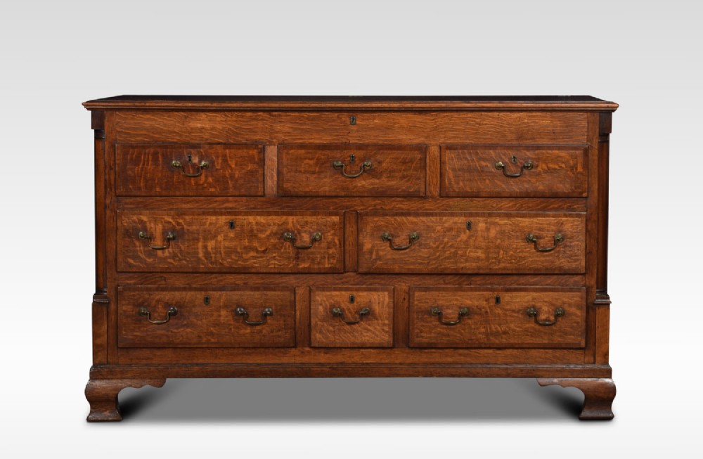 Oak and mahogany crossed banded Lancashire mule chest
