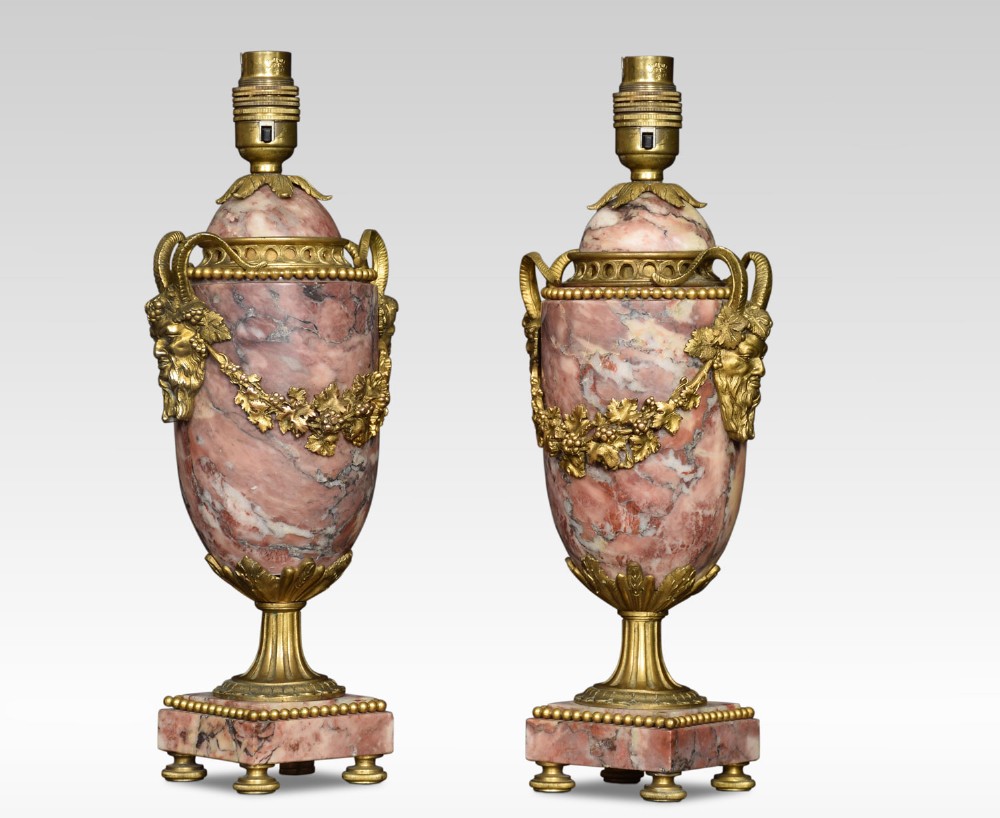 Pair of Louis XVI style gilt brass mounted marble lamps