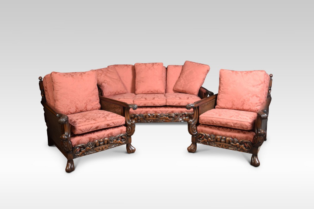 Edwardian carved mahogany three-piece bergere lounge suite