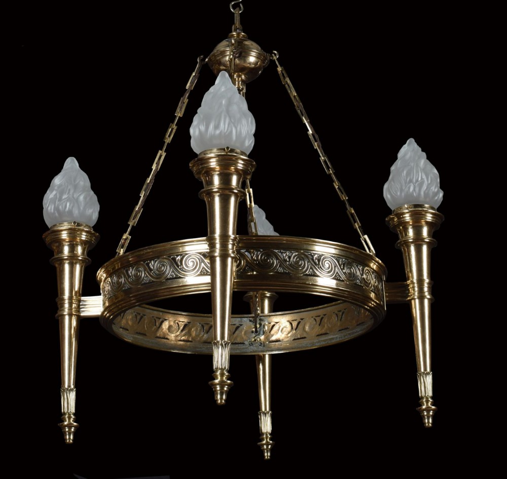 Art deco bronze four- light chandelier