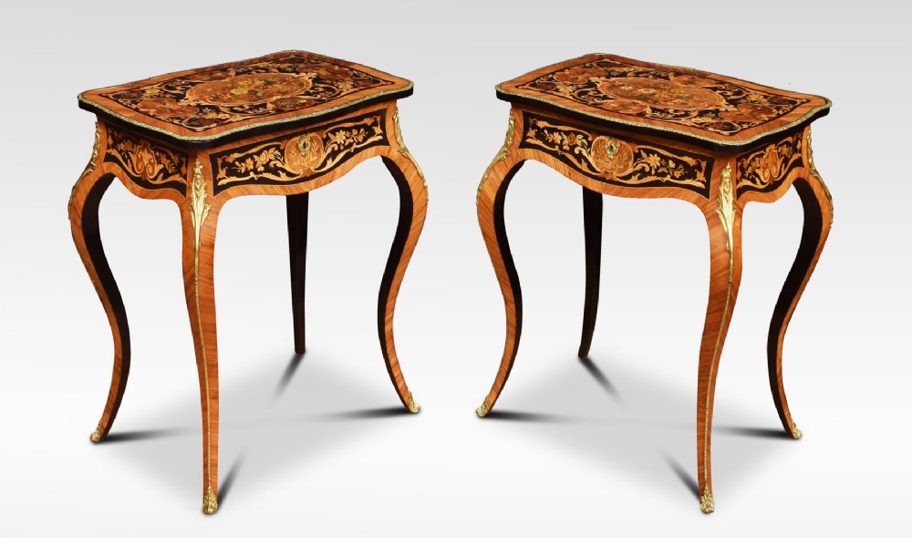 Pair of kingwood and marquetry inlaid side tables