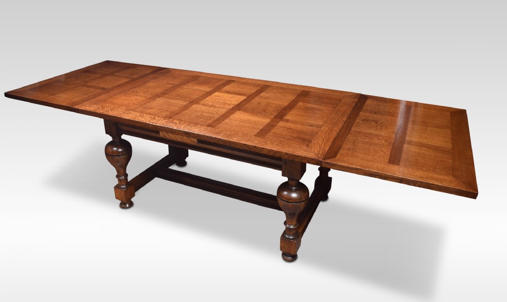 Very large oak parquetry top draw-leaf refectory table