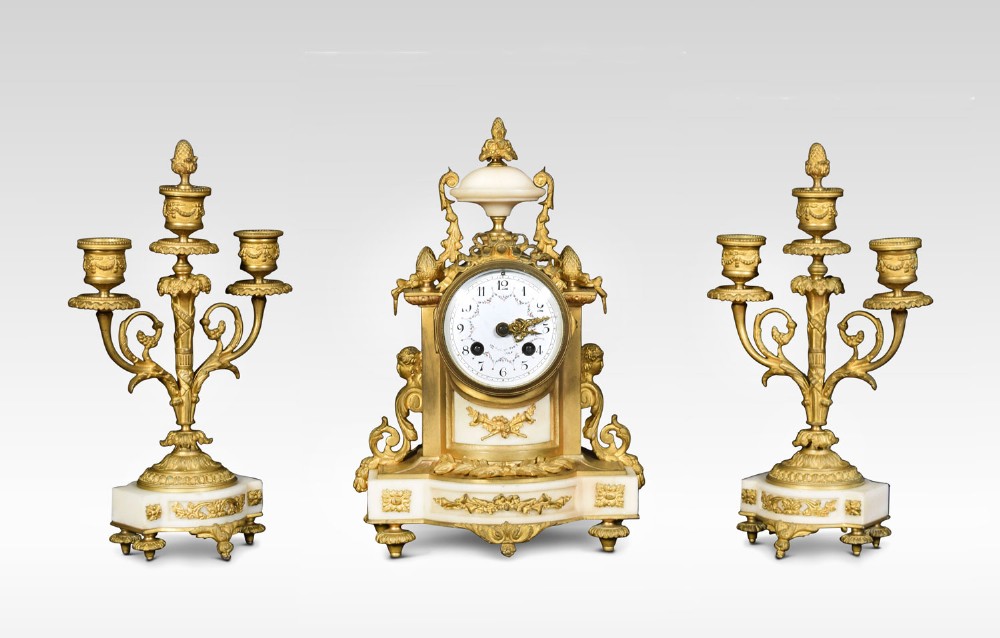 French white marble clock with garnitures by H & F Paris