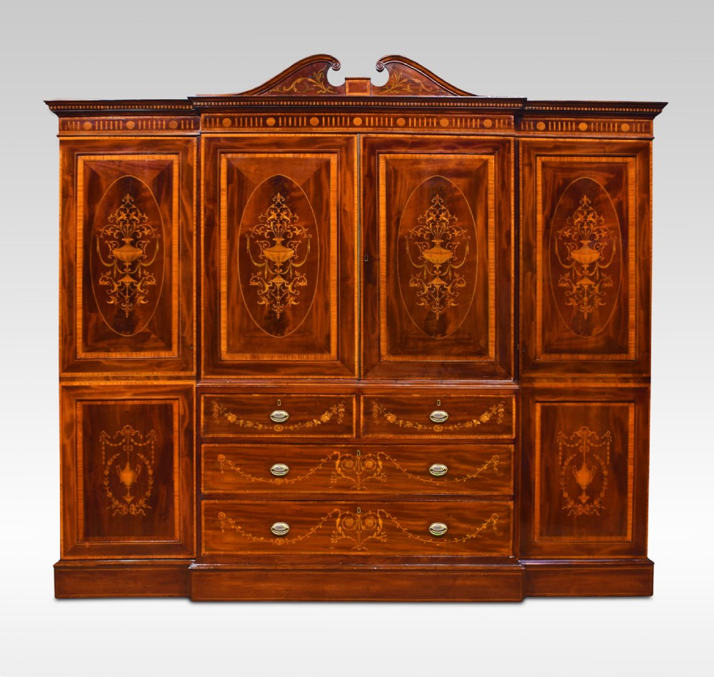 Sheraton Revival mahogany inlaid breakfront wardrobe